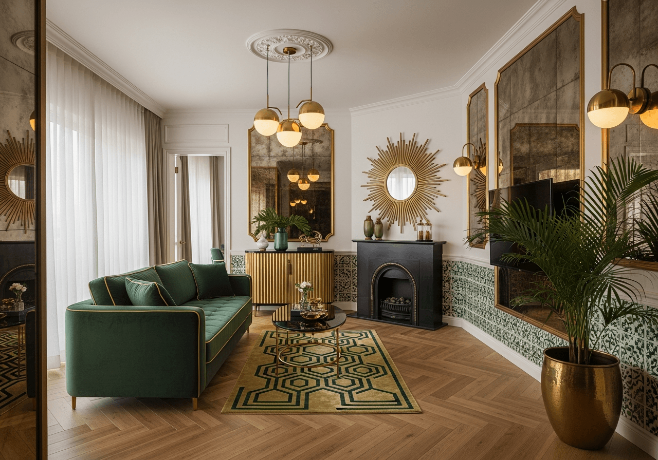 Executive HDB Living Room in Art Deco Singapore style — AI design by ElumiHome