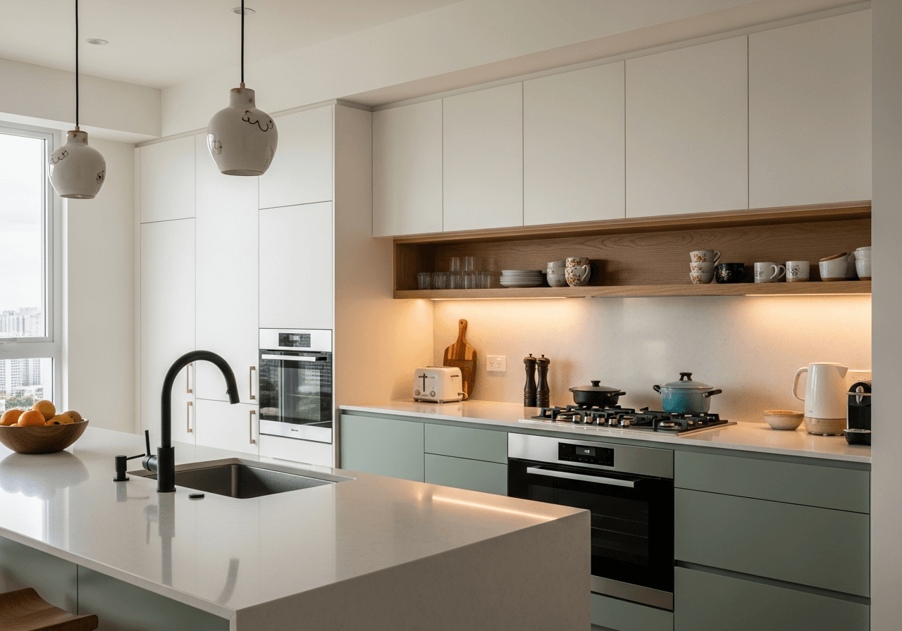 4-Room HDB Kitchen in Japandi style — AI design by ElumiHome