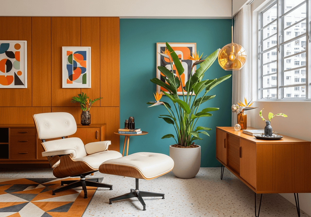 Mid-Century Modern Tropical Living Room design Singapore