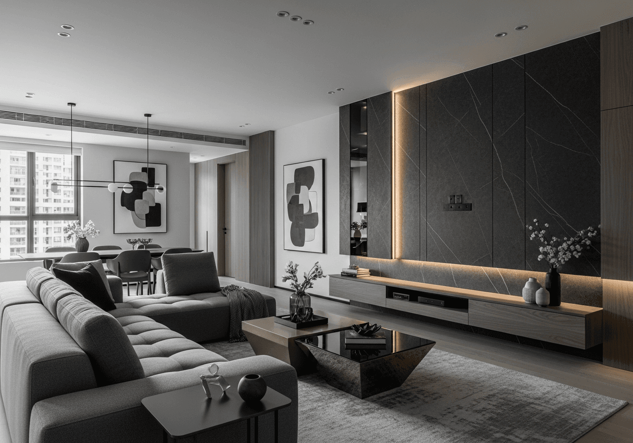 5-Room HDB Living Room in Modern Contemporary style — AI design by ElumiHome