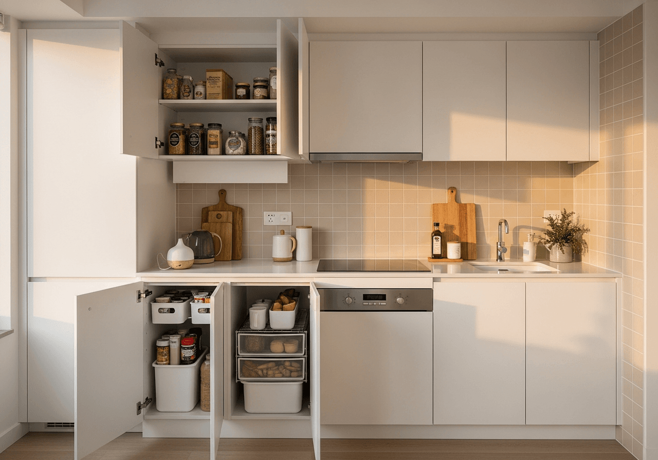 2-Room Flexi HDB Kitchen in Muji Minimalist style — AI design by ElumiHome