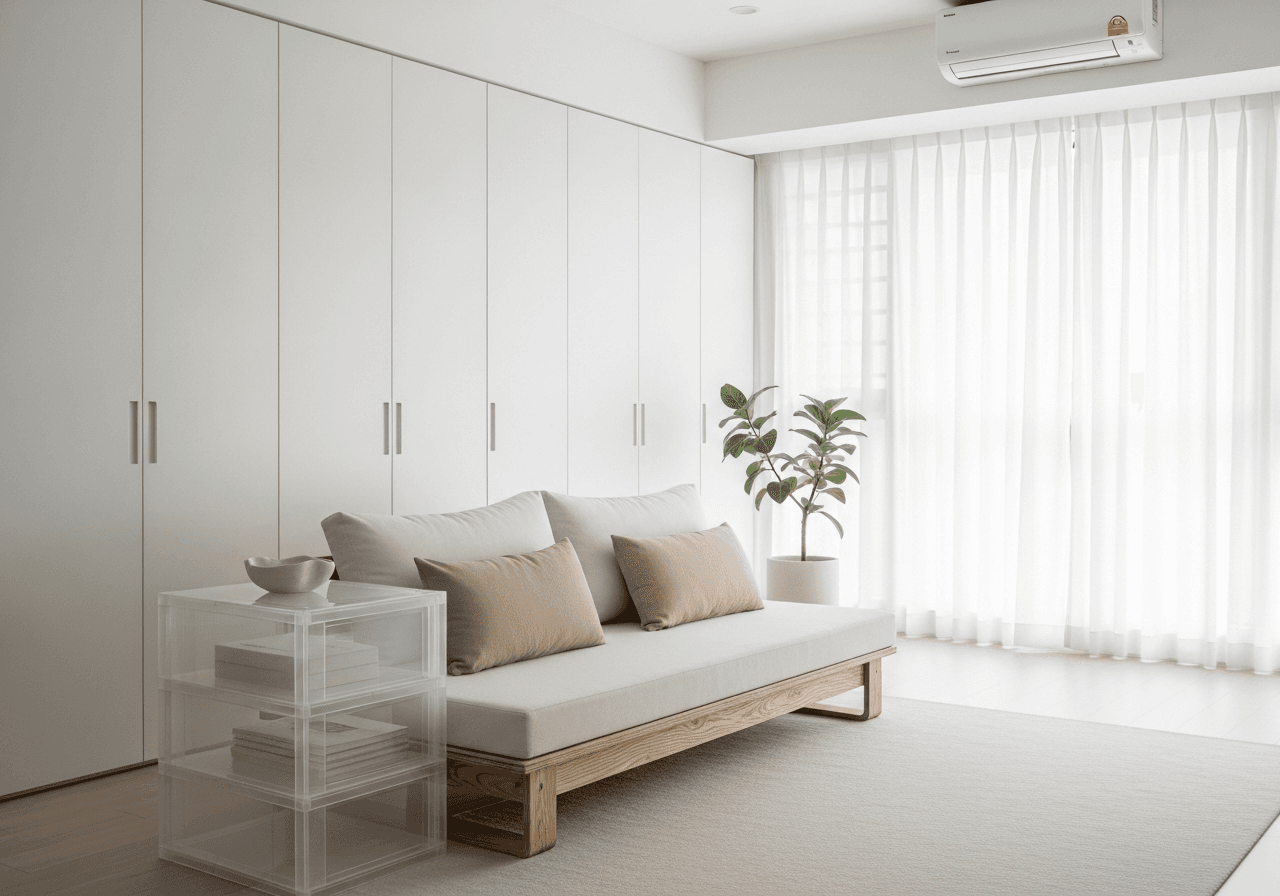 muji minimalist design for 47 sqm 2-room flexi HDB living room
