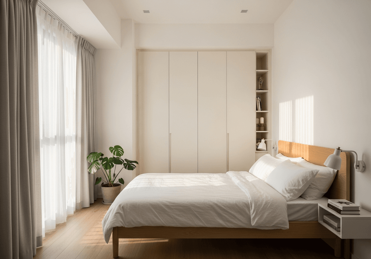 2-Room Flexi HDB Master Bedroom in Muji Minimalist style — AI design by ElumiHome