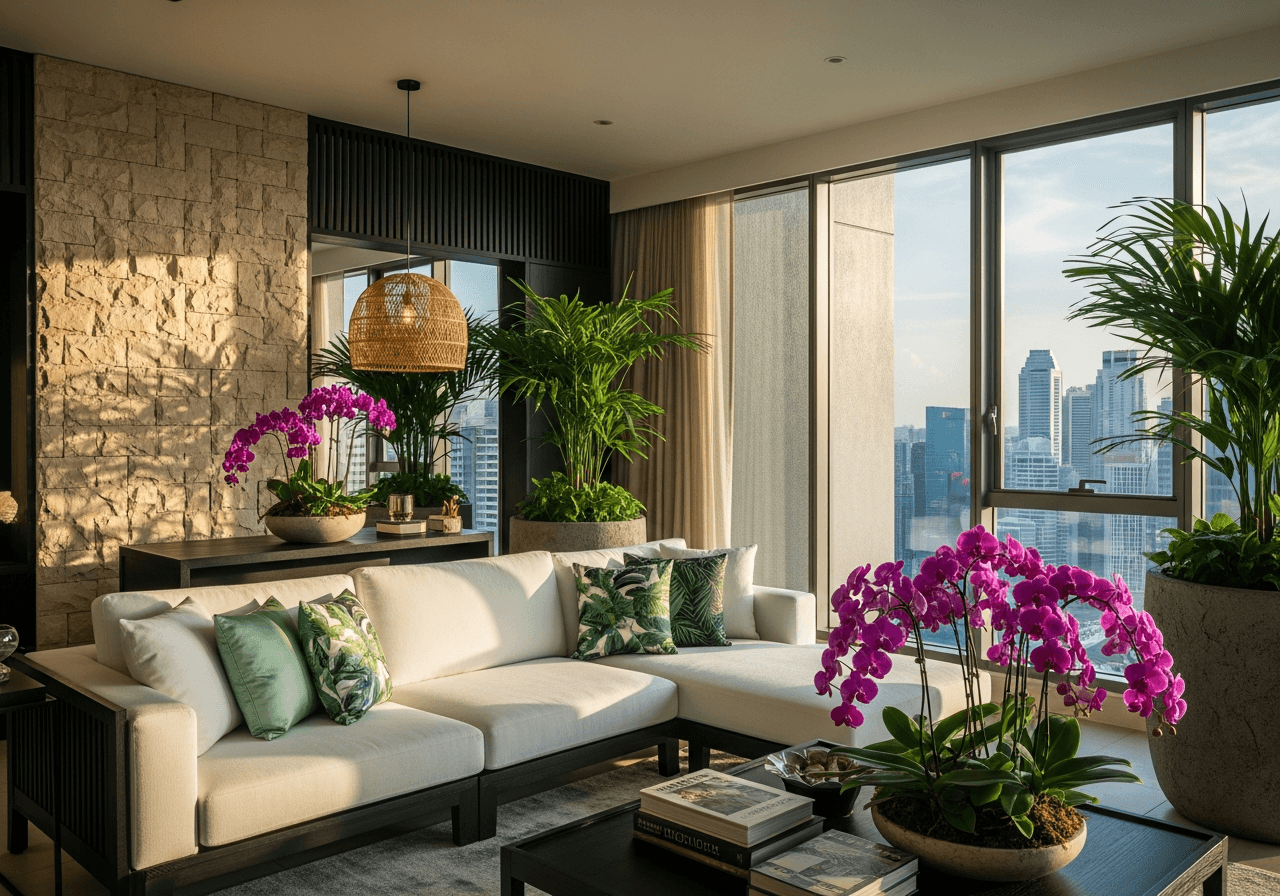 Executive HDB Living Room in Resort Living style — AI design by ElumiHome