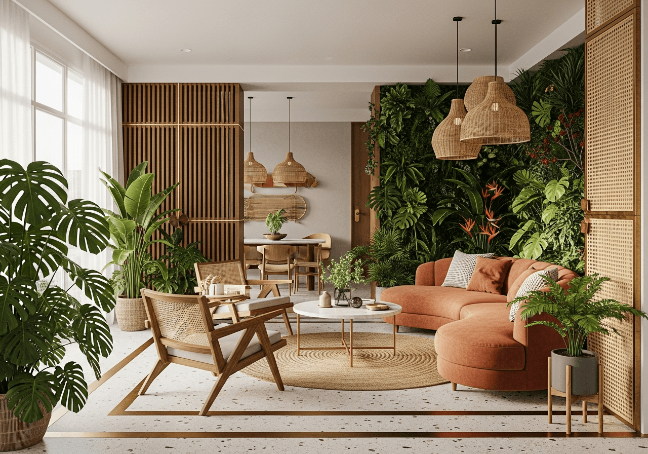 3-Room HDB Living Room in Tropical Modern style — AI design by ElumiHome